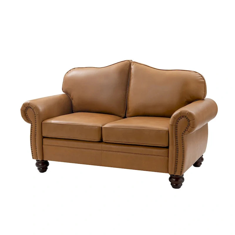 Leather Loveseat Sofa with Rolled Arms and Nailhead Trim