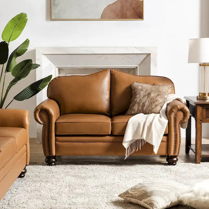 Leather Loveseat Sofa with Rolled Arms and Nailhead Trim 4