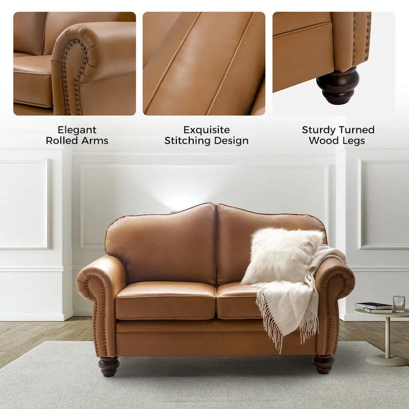 Leather Loveseat Sofa with Rolled Arms and Nailhead Trim 6