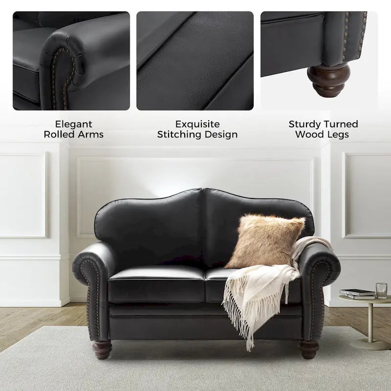 Leather Loveseat Sofa with Rolled Arms and Nailhead Trim 12