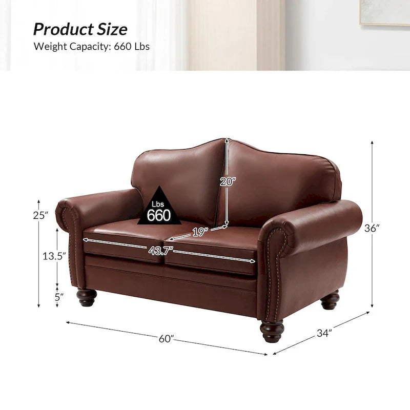 Leather Loveseat Sofa with Rolled Arms and Nailhead Trim 17