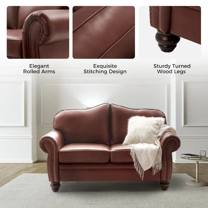 Leather Loveseat Sofa with Rolled Arms and Nailhead Trim 19