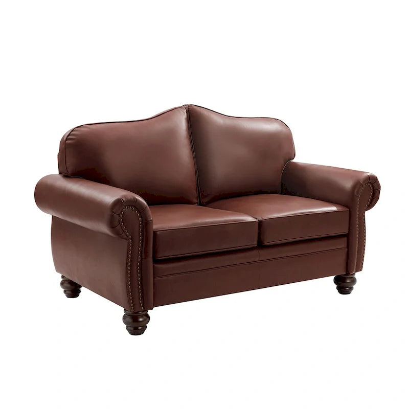 Leather Loveseat Sofa with Rolled Arms and Nailhead Trim 20