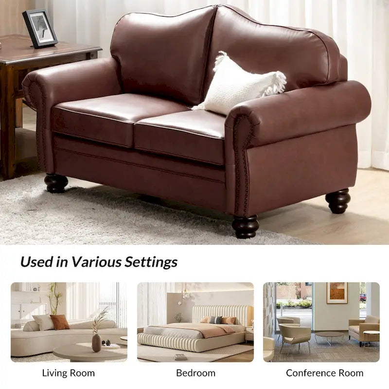 Leather Loveseat Sofa with Rolled Arms and Nailhead Trim 21