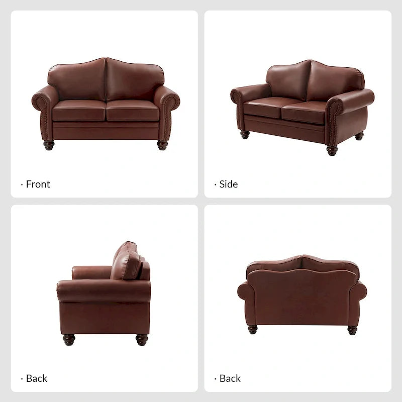 Leather Loveseat Sofa with Rolled Arms and Nailhead Trim 22
