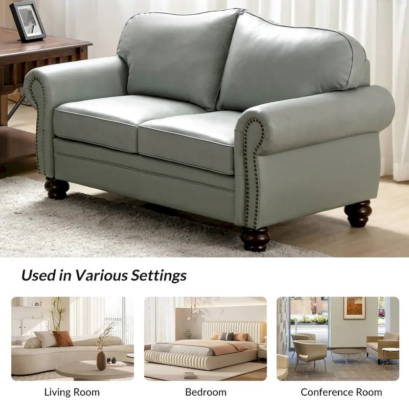 Leather Loveseat Sofa with Rolled Arms and Nailhead Trim 24