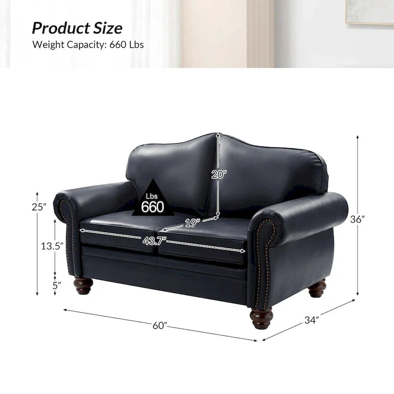 Leather Loveseat Sofa with Rolled Arms and Nailhead Trim 30