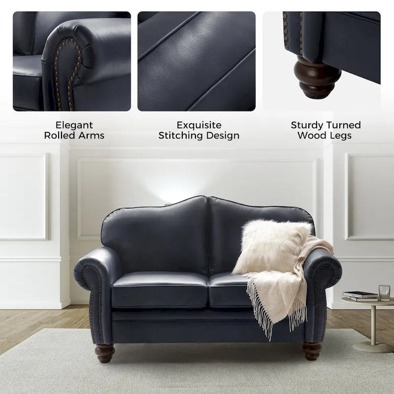 Leather Loveseat Sofa with Rolled Arms and Nailhead Trim 31