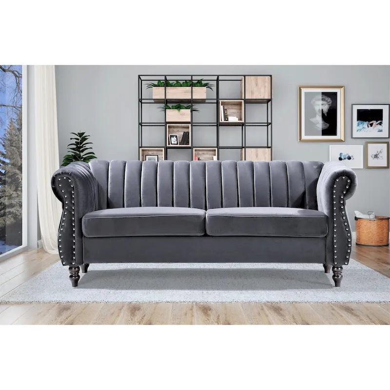 Charlot Velvet Chesterfield Sofa with Rolled Arms 16