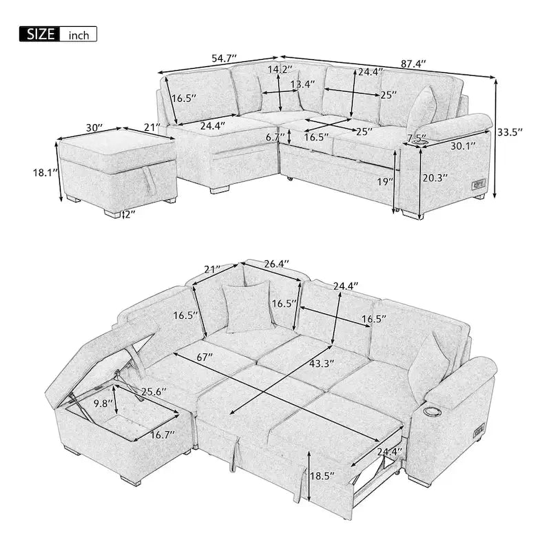 Nestfair L-Shaped Sofa Bed with Storage Ottoman - 2-in-1 Pull-Out Design 7