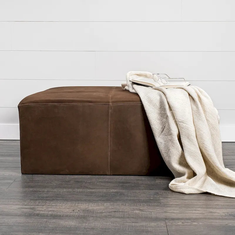 Minara Black Genuine Leather Ottoman with Gold Metal Base - 36-Inch Square 16