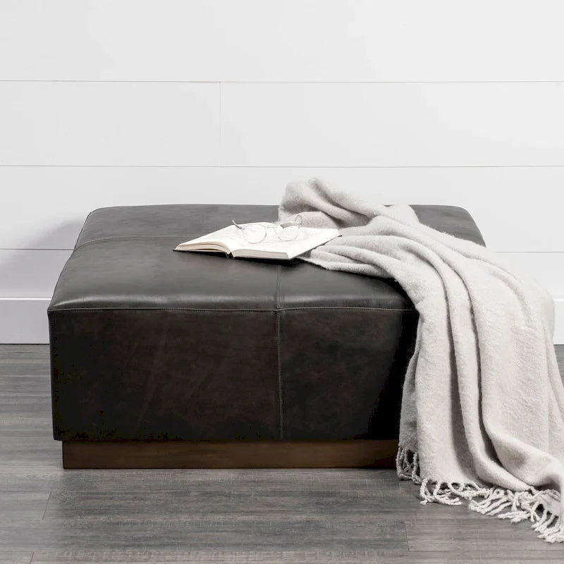Minara Black Genuine Leather Ottoman with Gold Metal Base - 36-Inch Square 1