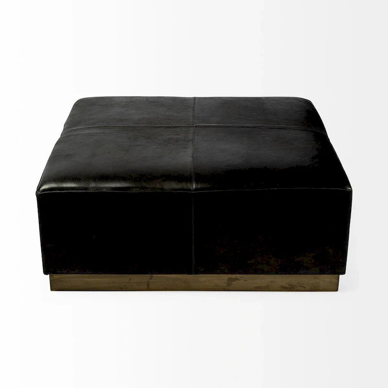 Minara Black Genuine Leather Ottoman with Gold Metal Base - 36-Inch Square 3