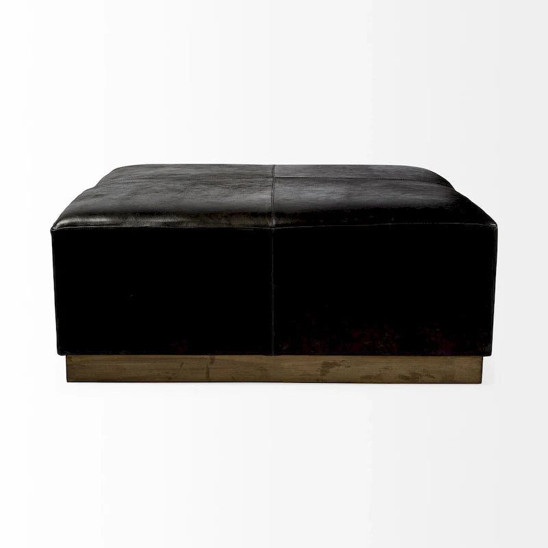 Minara Black Genuine Leather Ottoman with Gold Metal Base - 36-Inch Square 4