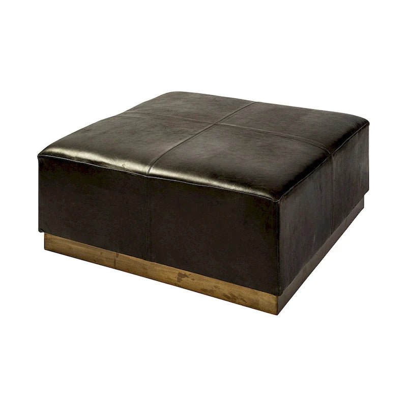 Minara Black Genuine Leather Ottoman with Gold Metal Base - 36-Inch Square 7