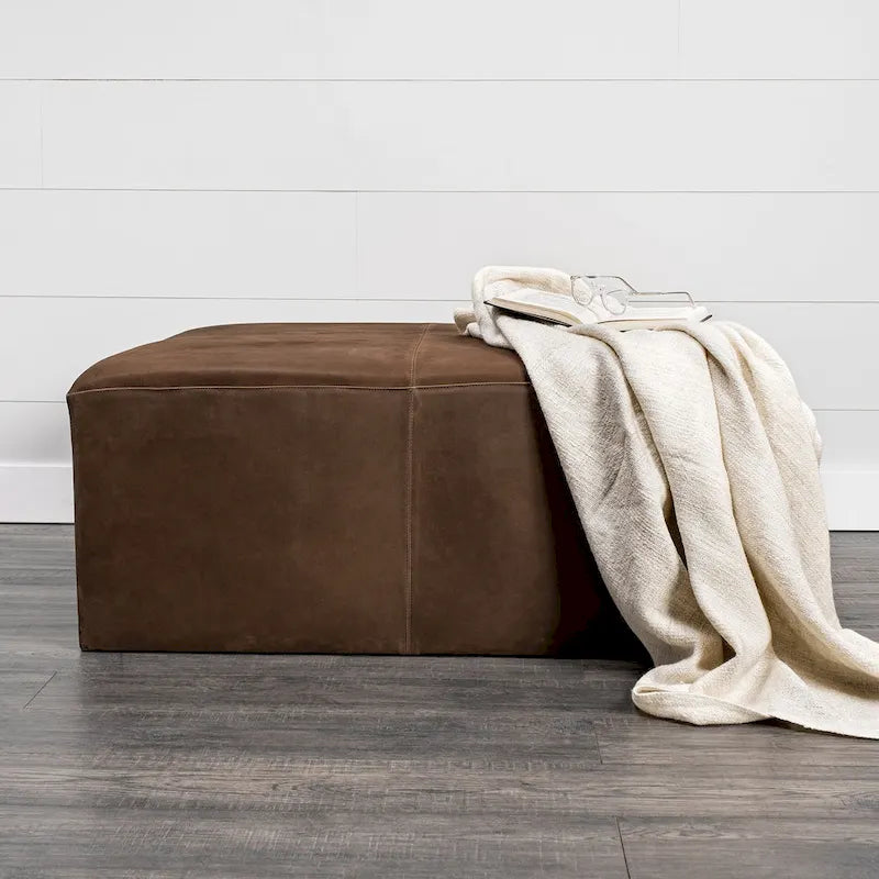 Minara Black Genuine Leather Ottoman with Gold Metal Base - 36-Inch Square 8