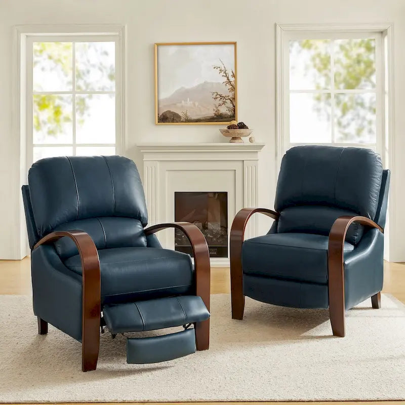 Set of 2 Alex Mid-Century Modern Genuine Leather Manual Recliners with Curved Wooden Arms 36