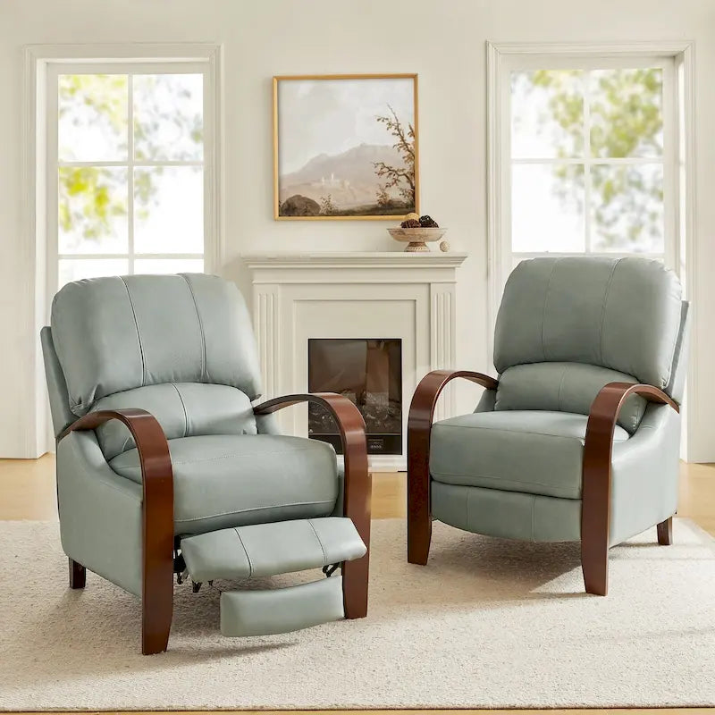 Set of 2 Alex Mid-Century Modern Genuine Leather Manual Recliners with Curved Wooden Arms 37
