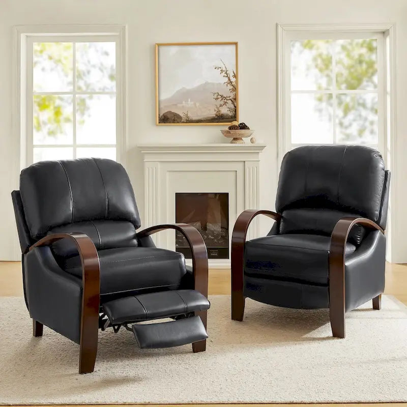 Set of 2 Alex Mid-Century Modern Genuine Leather Manual Recliners with Curved Wooden Arms 38