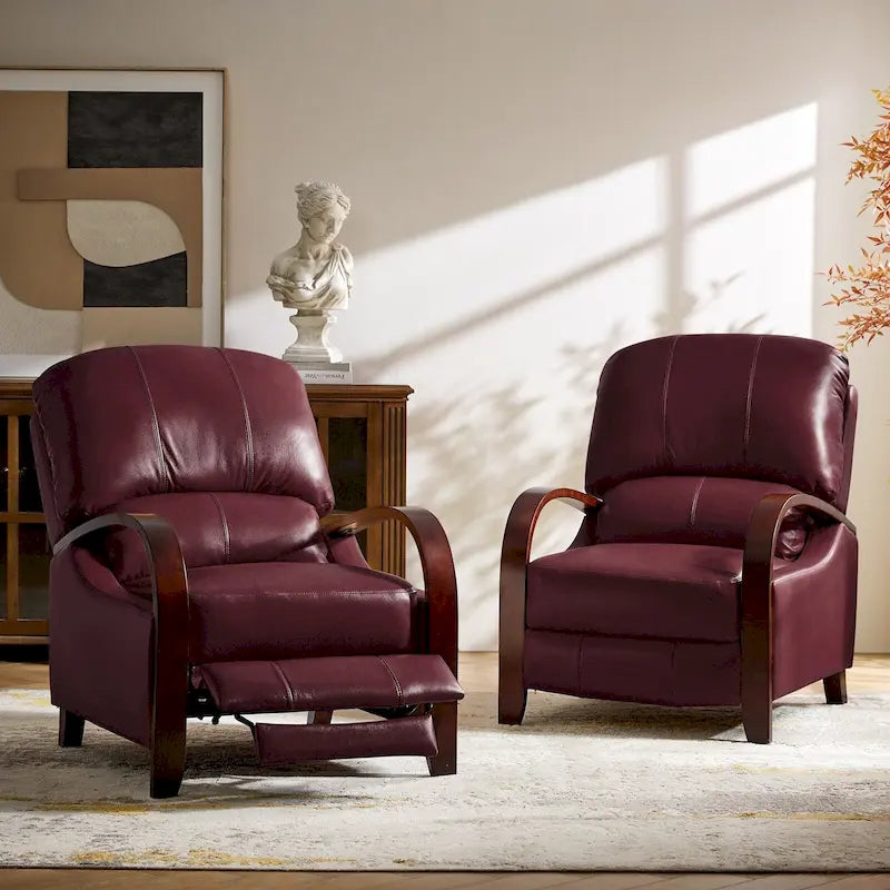 Set of 2 Alex Mid-Century Modern Genuine Leather Manual Recliners with Curved Wooden Arms 39