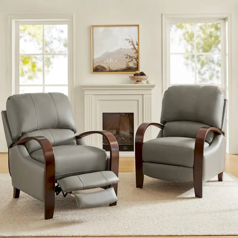 Set of 2 Alex Mid-Century Modern Genuine Leather Manual Recliners with Curved Wooden Arms 40