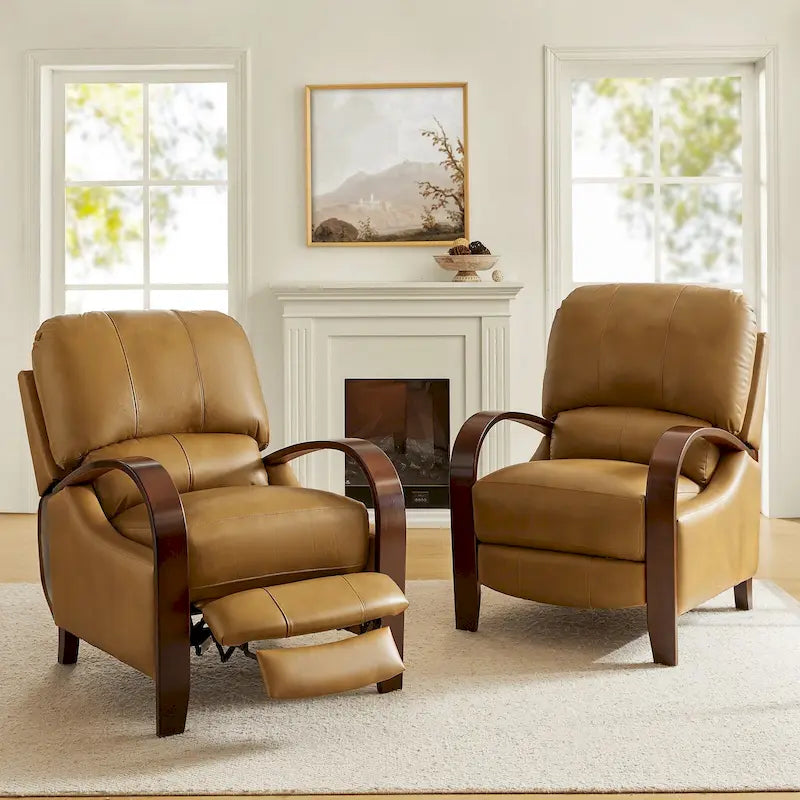 Set of 2 Alex Mid-Century Modern Genuine Leather Manual Recliners with Curved Wooden Arms 41