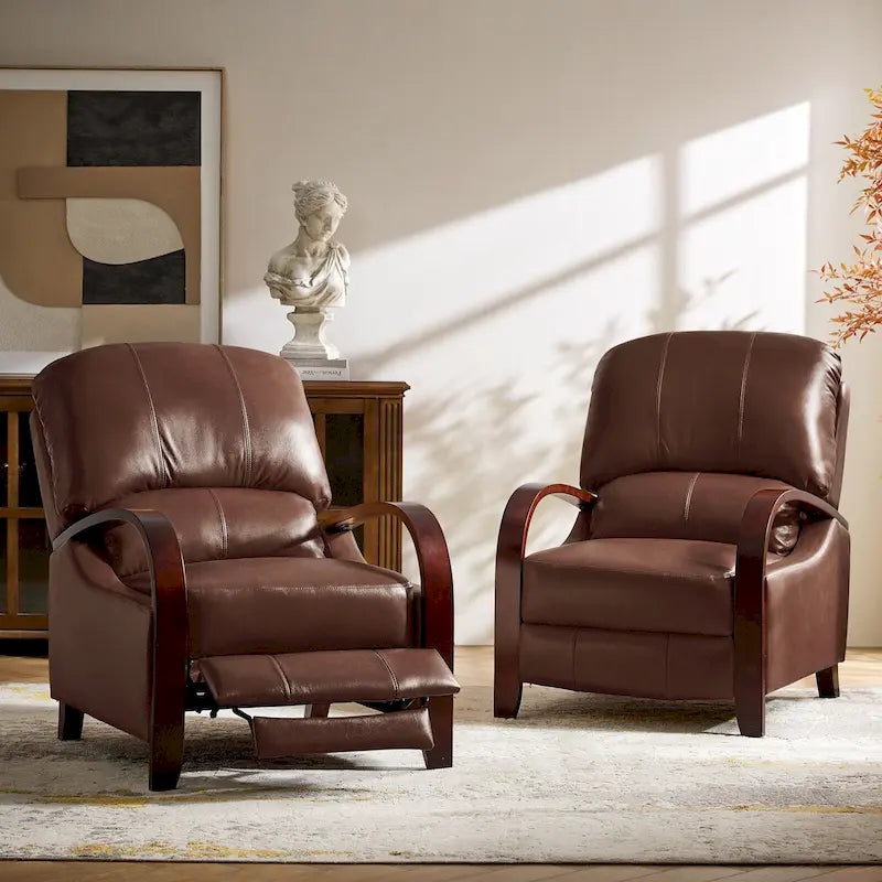 Set of 2 Alex Mid-Century Modern Genuine Leather Manual Recliners with Curved Wooden Arms 43