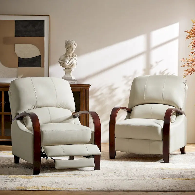 Set of 2 Alex Mid-Century Modern Genuine Leather Manual Recliners with Curved Wooden Arms 44