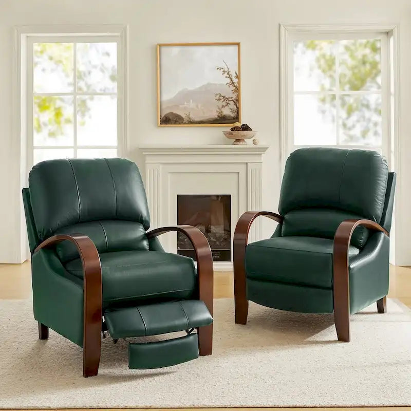Set of 2 Alex Mid-Century Modern Genuine Leather Manual Recliners with Curved Wooden Arms 45