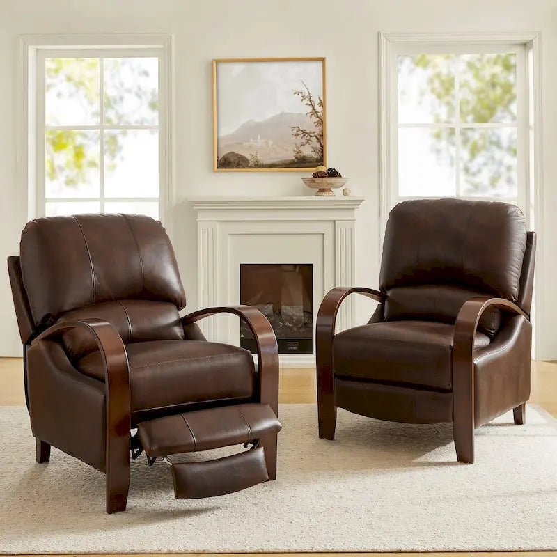 Set of 2 Alex Mid-Century Modern Genuine Leather Manual Recliners with Curved Wooden Arms 46