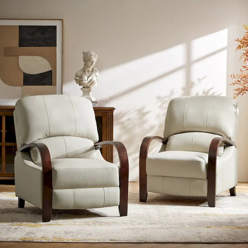 Set of 2 Alex Mid-Century Modern Genuine Leather Manual Recliners with Curved Wooden Arms 1