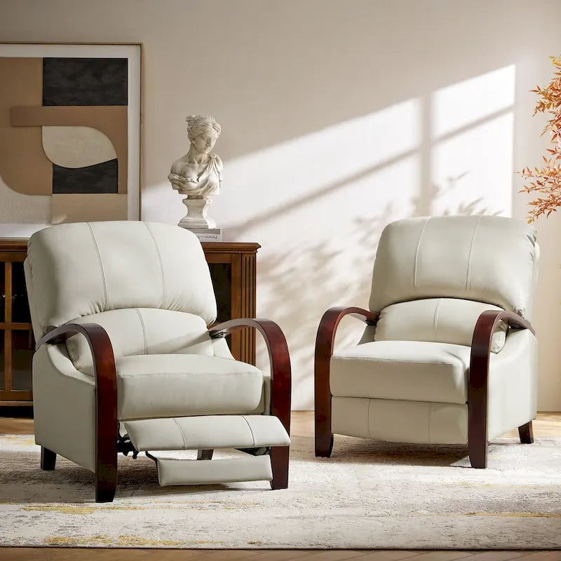 Set of 2 Alex Mid-Century Modern Genuine Leather Manual Recliners with Curved Wooden Arms 2