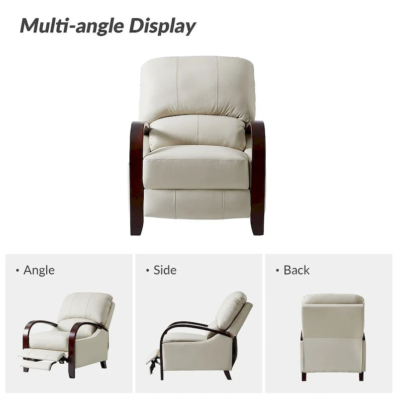 Set of 2 Alex Mid-Century Modern Genuine Leather Manual Recliners with Curved Wooden Arms 3
