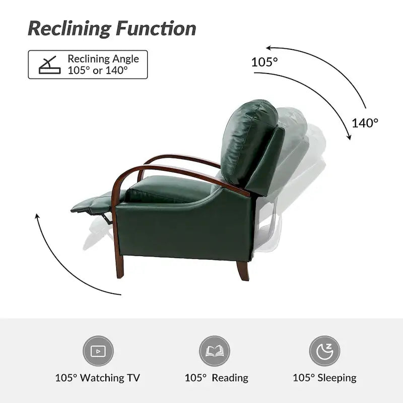 Set of 2 Alex Mid-Century Modern Genuine Leather Manual Recliners with Curved Wooden Arms 6