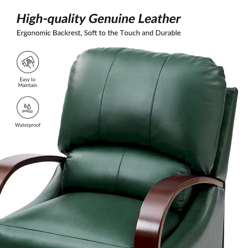 Set of 2 Alex Mid-Century Modern Genuine Leather Manual Recliners with Curved Wooden Arms 7