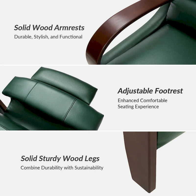Set of 2 Alex Mid-Century Modern Genuine Leather Manual Recliners with Curved Wooden Arms 9