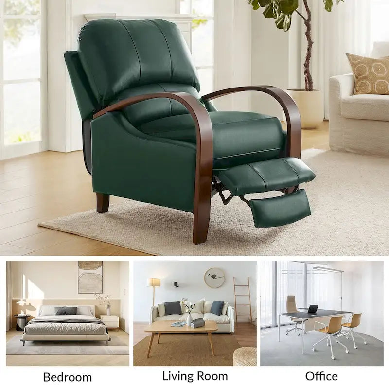 Set of 2 Alex Mid-Century Modern Genuine Leather Manual Recliners with Curved Wooden Arms 10