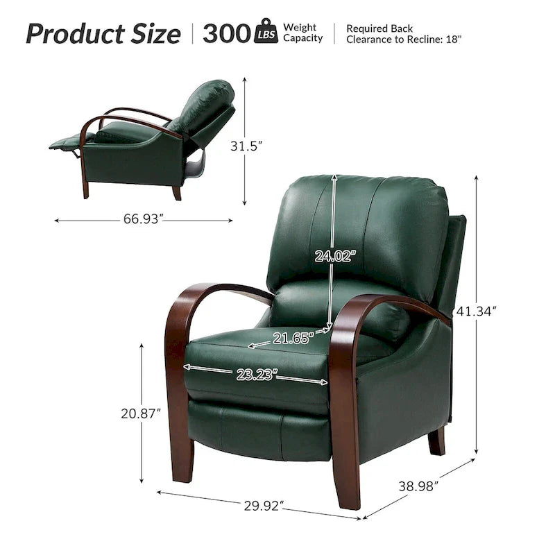 Set of 2 Alex Mid-Century Modern Genuine Leather Manual Recliners with Curved Wooden Arms 11