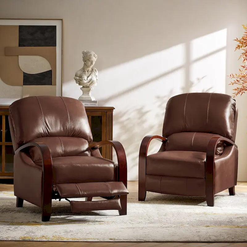 Set of 2 Alex Mid-Century Modern Genuine Leather Manual Recliners with Curved Wooden Arms 12