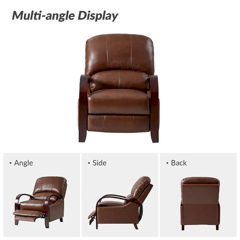 Set of 2 Alex Mid-Century Modern Genuine Leather Manual Recliners with Curved Wooden Arms 13