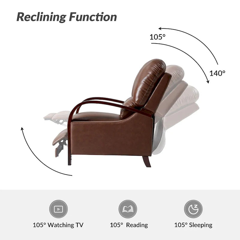 Set of 2 Alex Mid-Century Modern Genuine Leather Manual Recliners with Curved Wooden Arms 14