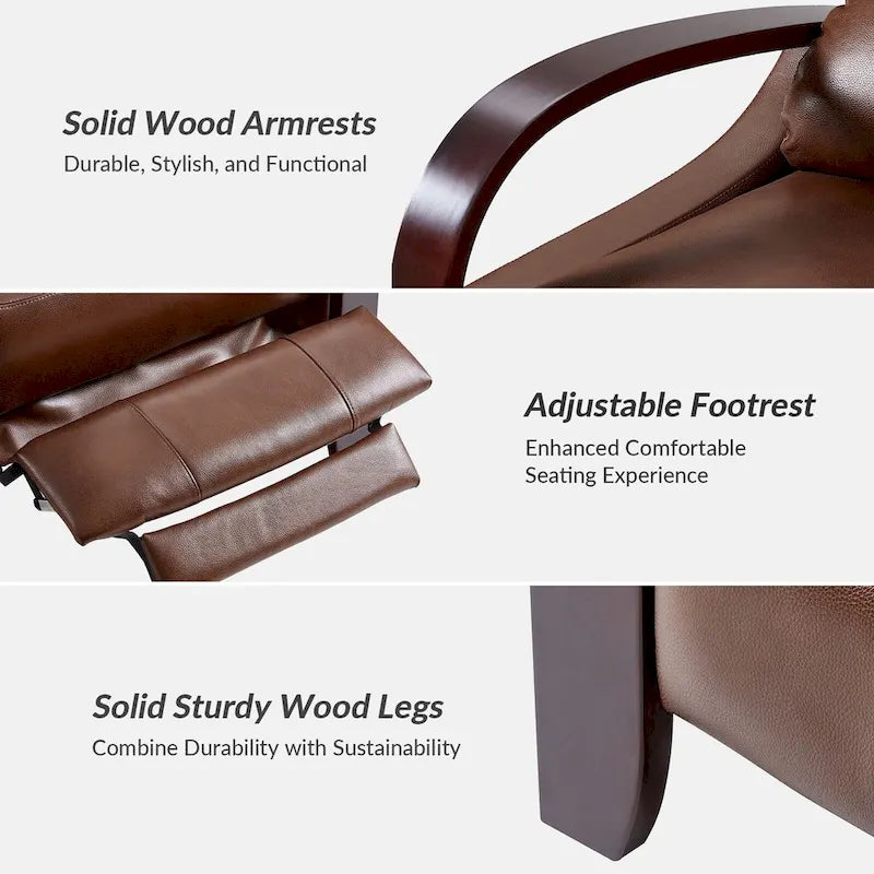 Set of 2 Alex Mid-Century Modern Genuine Leather Manual Recliners with Curved Wooden Arms 17