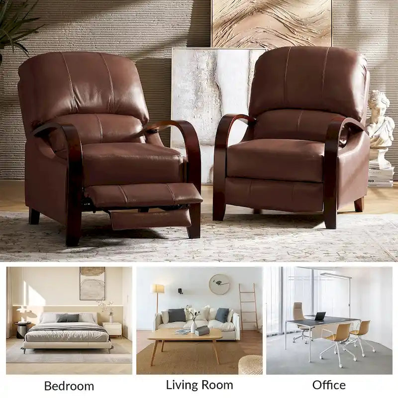Set of 2 Alex Mid-Century Modern Genuine Leather Manual Recliners with Curved Wooden Arms 18