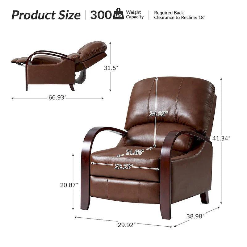 Set of 2 Alex Mid-Century Modern Genuine Leather Manual Recliners with Curved Wooden Arms 19