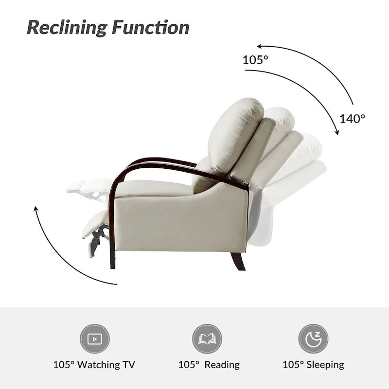Set of 2 Alex Mid-Century Modern Genuine Leather Manual Recliners with Curved Wooden Arms 20