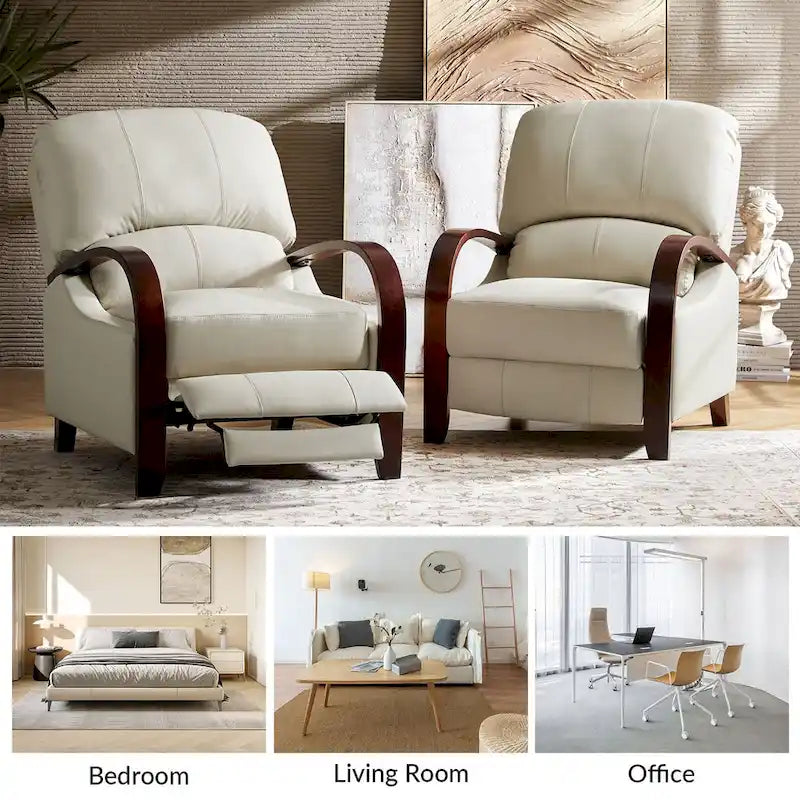Set of 2 Alex Mid-Century Modern Genuine Leather Manual Recliners with Curved Wooden Arms 24