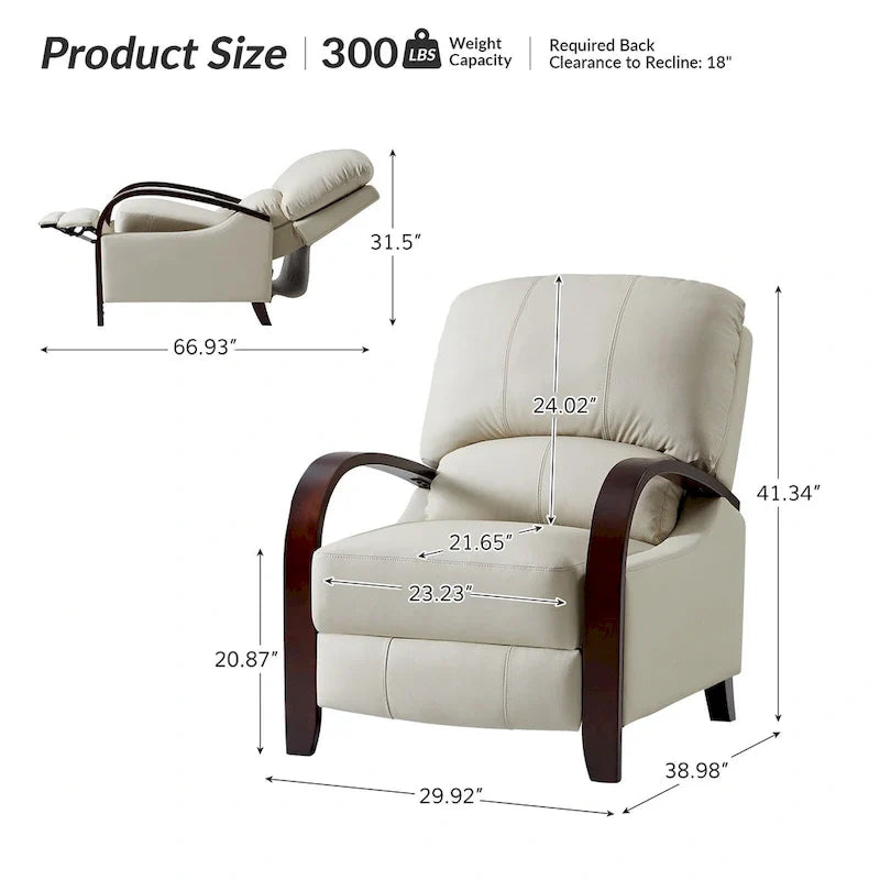 Set of 2 Alex Mid-Century Modern Genuine Leather Manual Recliners with Curved Wooden Arms 25