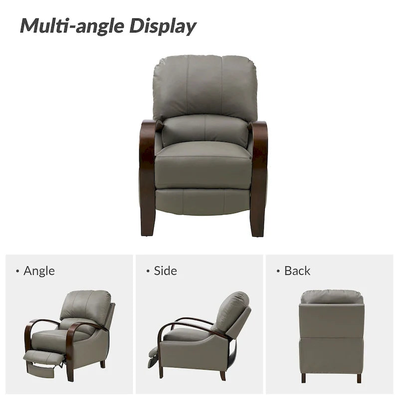 Set of 2 Alex Mid-Century Modern Genuine Leather Manual Recliners with Curved Wooden Arms 27