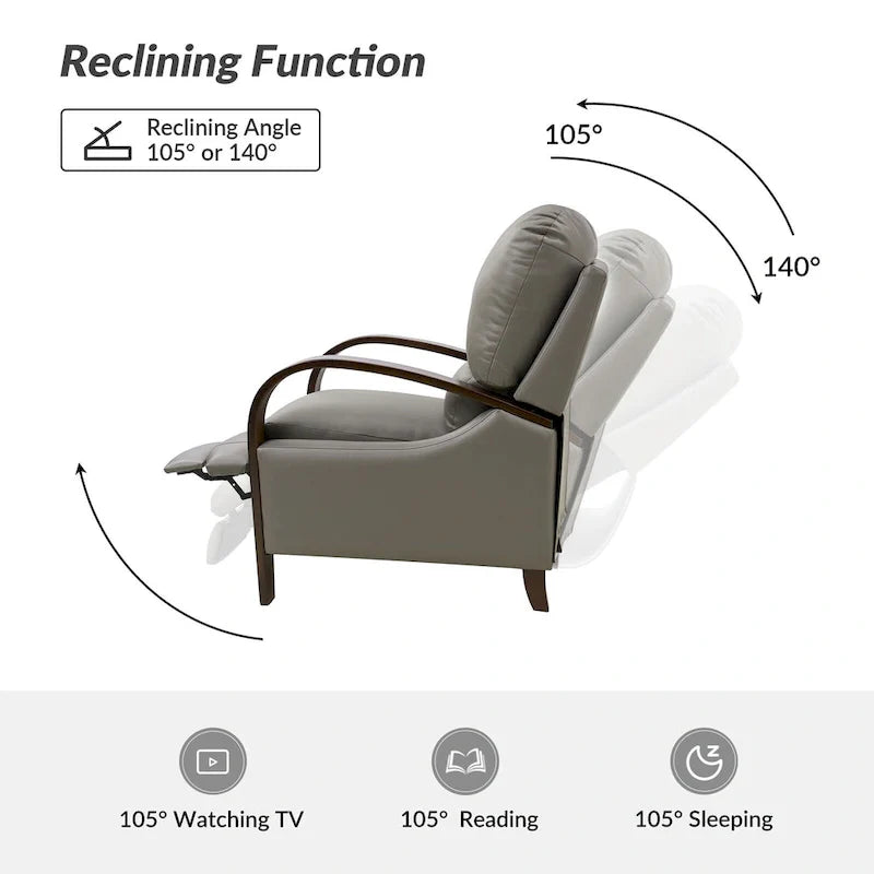 Set of 2 Alex Mid-Century Modern Genuine Leather Manual Recliners with Curved Wooden Arms 28
