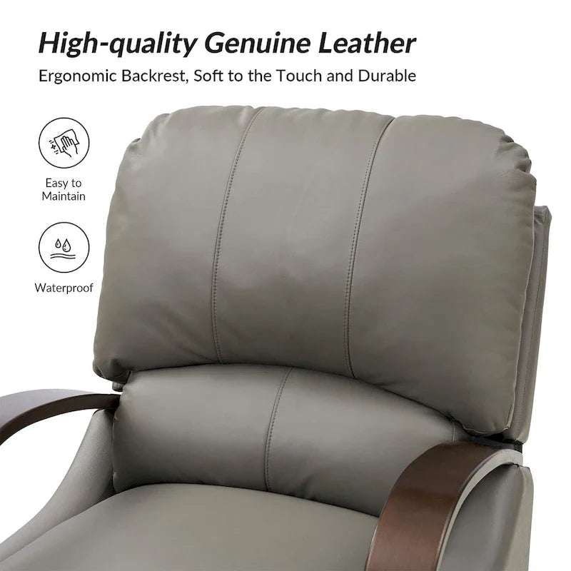 Set of 2 Alex Mid-Century Modern Genuine Leather Manual Recliners with Curved Wooden Arms 29